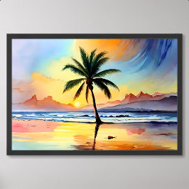 Poster Palm Tree Painting Gracing the Beach no Sunset