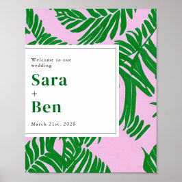 Poster Palm Trees Pink + Green Beach Wedes Bem-vindo