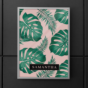 Poster Palma rosa tropical e verde deixa padrão e nome