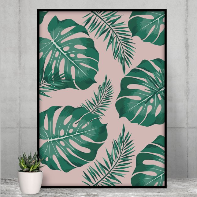 Poster Palma Rosa Tropical e Verde deixa um padrão perfei (Criador carregado)