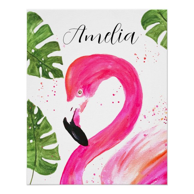 Pôster Palma Rosa Tropical Flamingo Deixa Pássaro Verde (Frente)