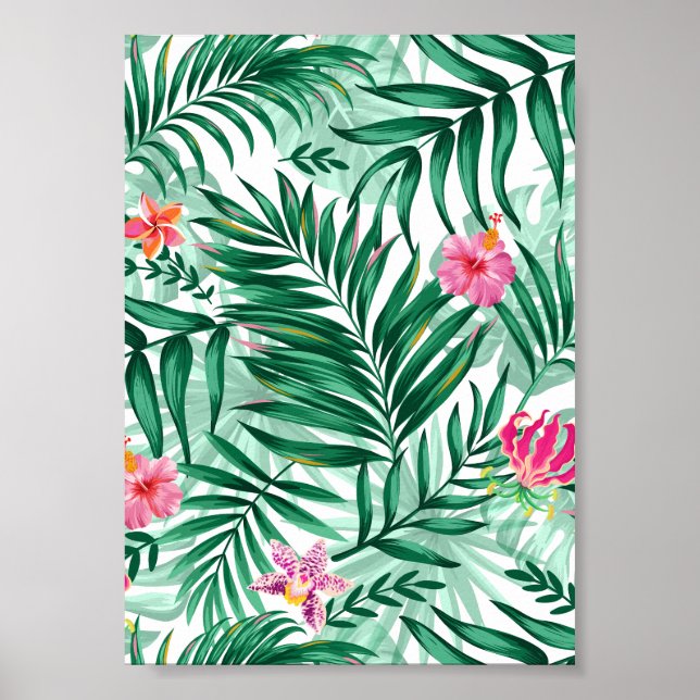 Poster Palma tropical e folhas de monstera e flores exóti (Frente)