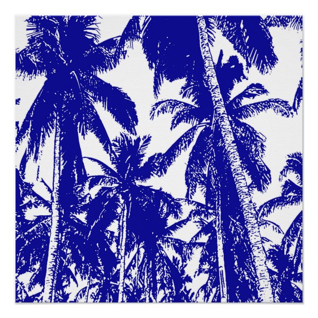 Pôster Palmeiras tropicais em azul e branco (Frente)