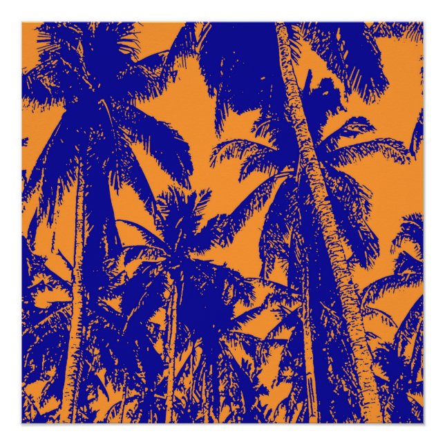 Pôster Palmeiras tropicais em azul e laranja (Frente)