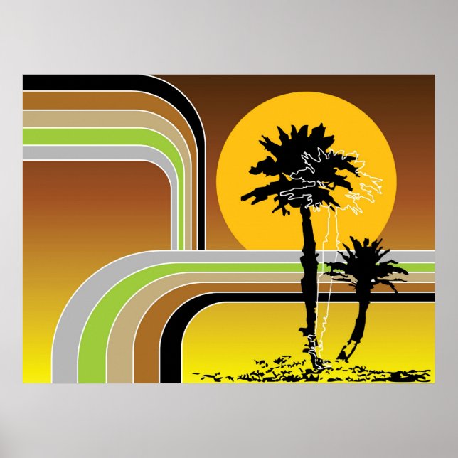 Poster Palmeiras Tropicais Retro Beach Sunset Stripes Mod (Frente)