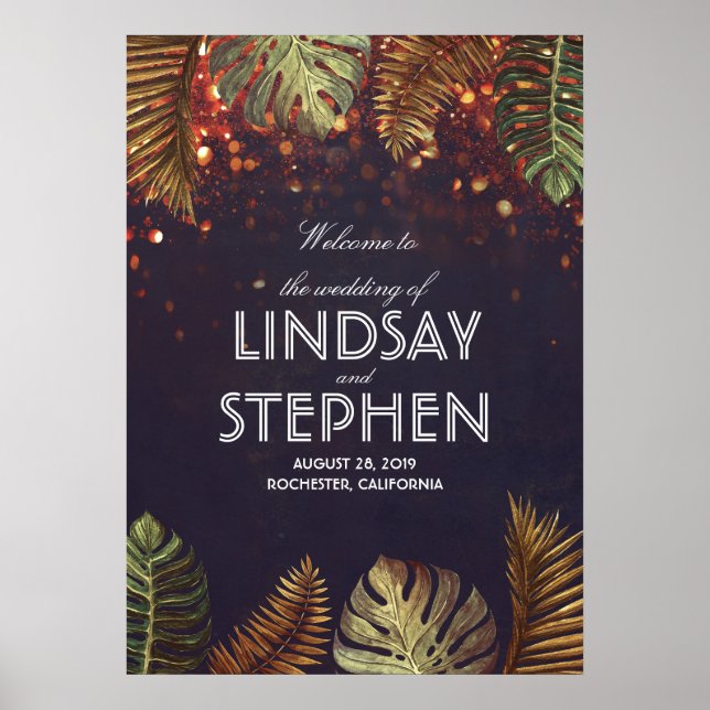 Poster Palms and String Lights Beach Weding Sign (Frente)