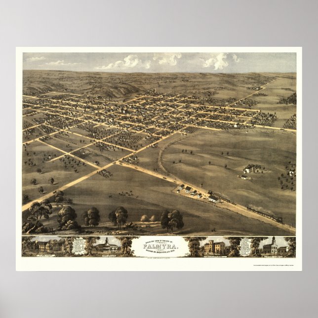 Pôster Palmyra, MO Mapa Panorâmico - 1869 (Frente)