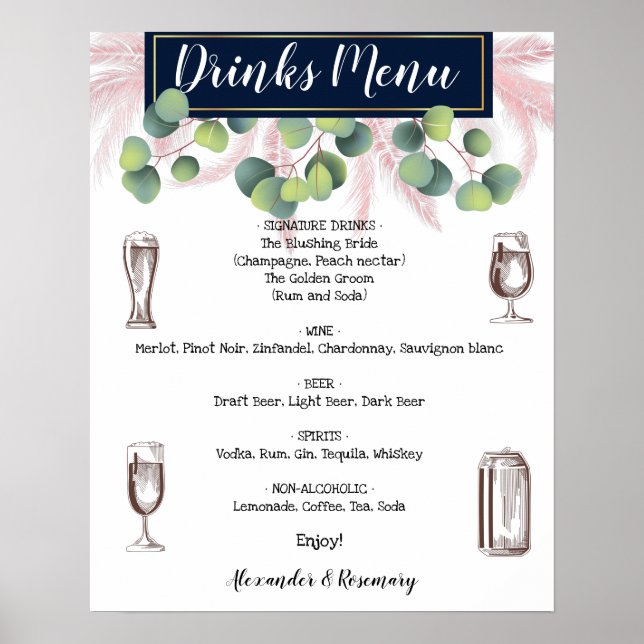 Poster Pampas Grass & Eucalyptus Drinks Menu Sinal de Cas (Frente)