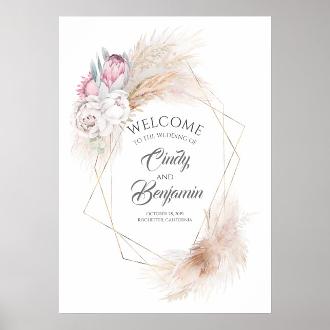 Poster Pampas Grass Pink King Protea Chic Casamento Bem-V (Frente)