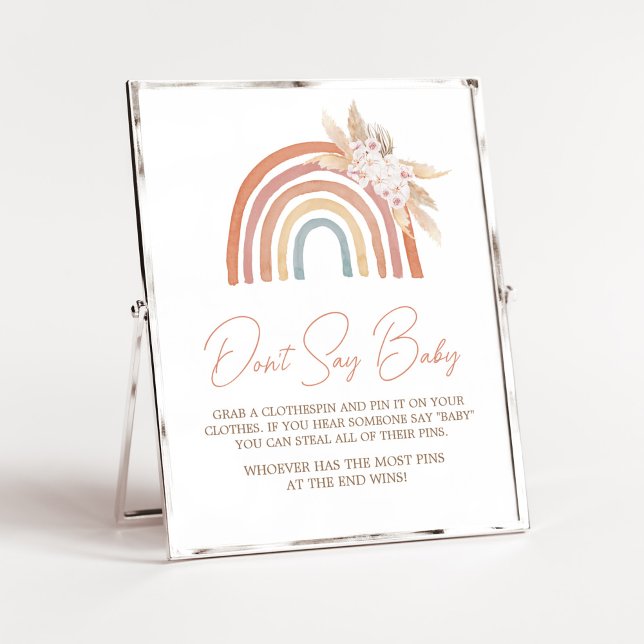 Poster Pampas Rosa Grass Boho Rainbow Não Diga Bebê (Girl Boho Rainbow Baby Shower Don't Say Baby Sign)