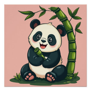 Pôster Panda Adorável Abraçando Bambu Arte Fofa de Desenh