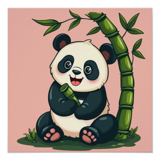 Pôster Panda Adorável Abraçando Bambu Arte Fofo de Desenh (Frente)