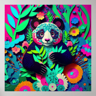 Poster Panda Arco-íris Recorte de Papel Falso