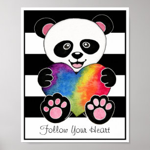 Poster Panda bonito da aguarela com coração do arco-ír