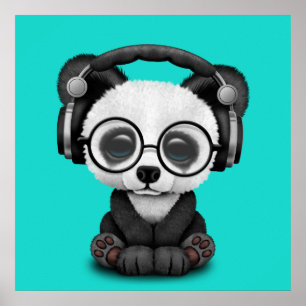 Pôster Panda bonito do bebê que veste fones de ouvido