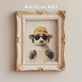 Poster Panda com chapéu de palha e Fones de ouvido em ócu