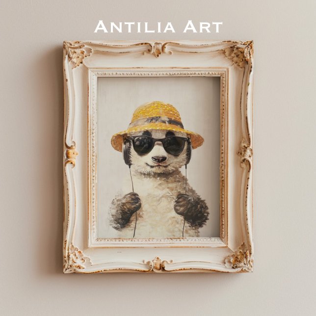 Poster Panda com chapéu de palha e Fones de ouvido em ócu (Criador carregado)