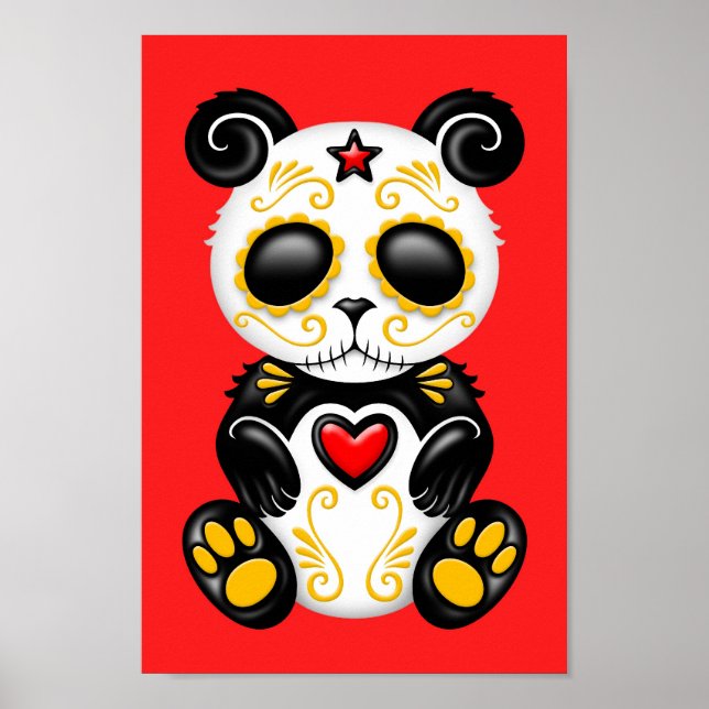 Pôster Panda de Açúcar Zombie Amarelo em Vermelho (Frente)