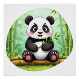 Pôster Panda de Desenho Animado Fofo em Remendo de Bambu