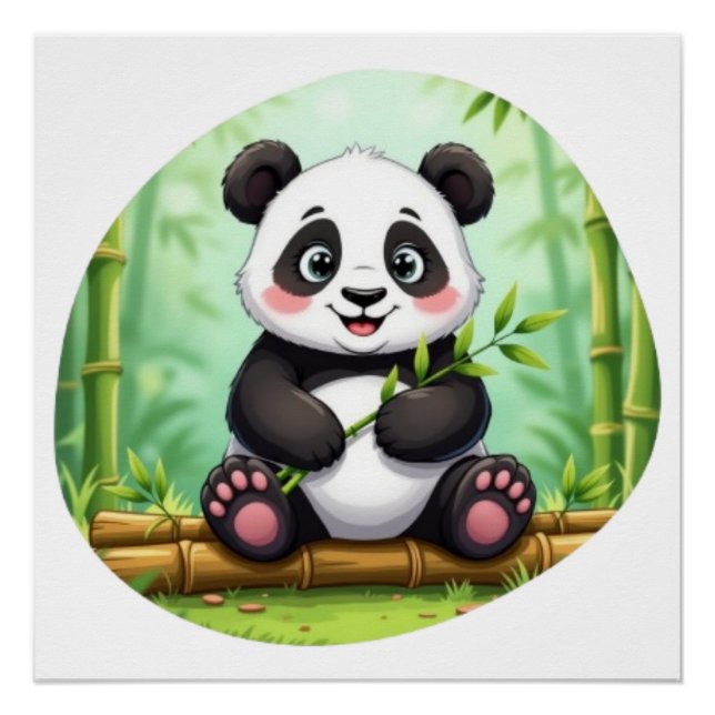 Pôster Panda de Desenho Animado Fofo em Remendo de Bambu (Frente)