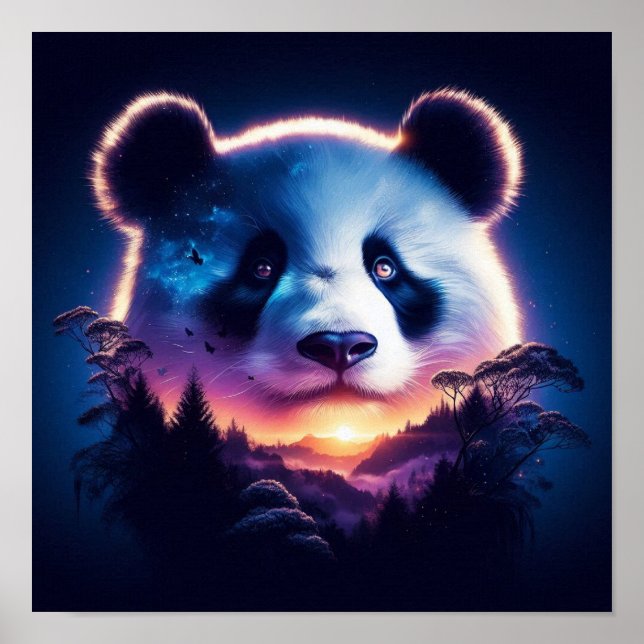 Poster Panda Face com Floresta Surreal e Sunset (Frente)