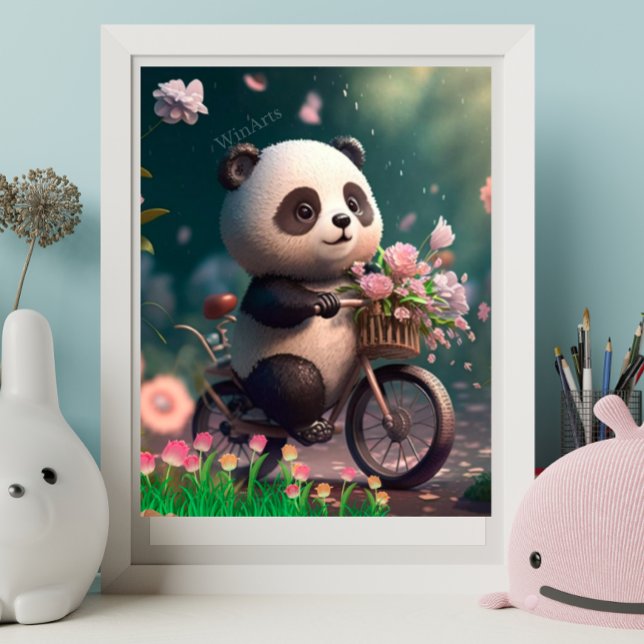 Poster Panda Fofa andando de Bicicleta com flores Arte (Criador carregado)