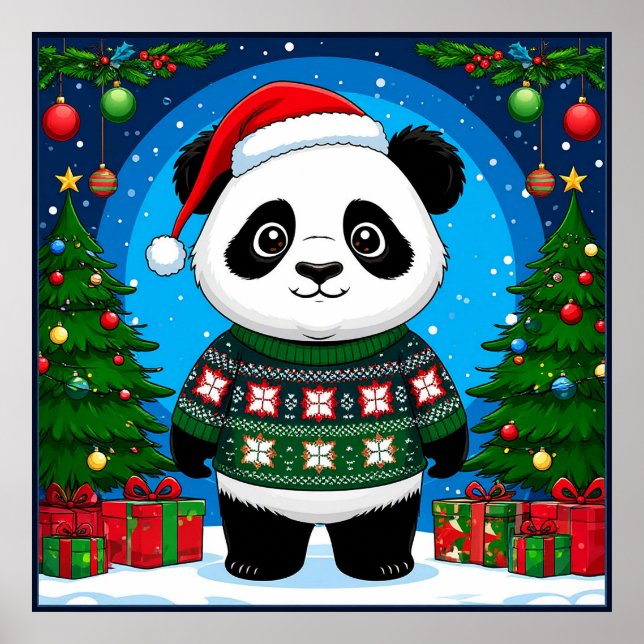Poster Panda Fofa de Suéter de Natal Usa Chapéu de Papai  (Frente)