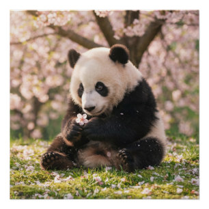 Pôster Panda Fofo Segurando Flor de Cerejeira na Primaver