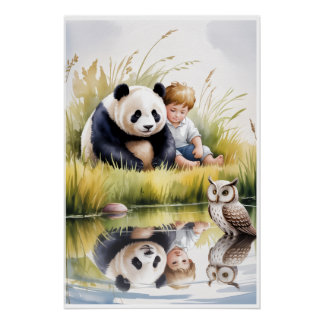 PÔSTER PANDA, MENINO E CORUJA