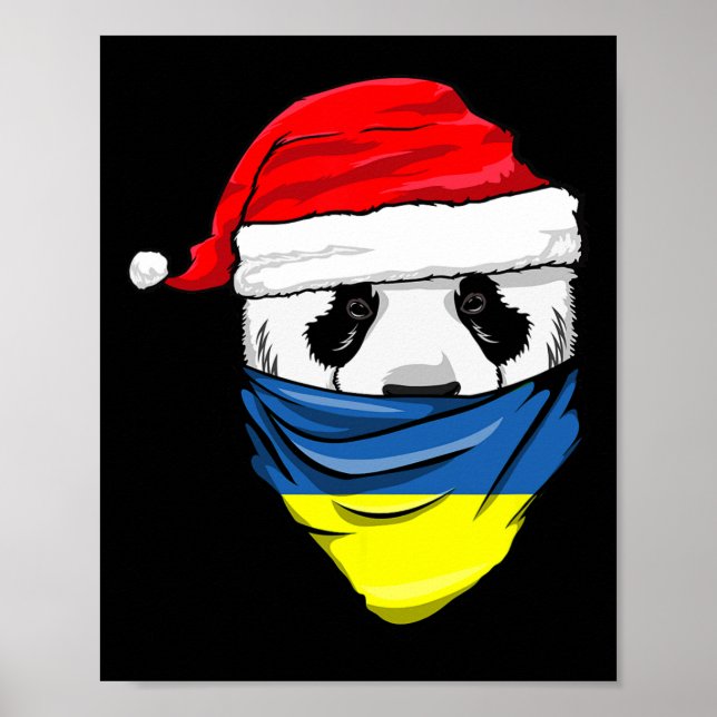Poster Panda no chapéu de Papai Noel e bandeira da Ucrâni (Frente)
