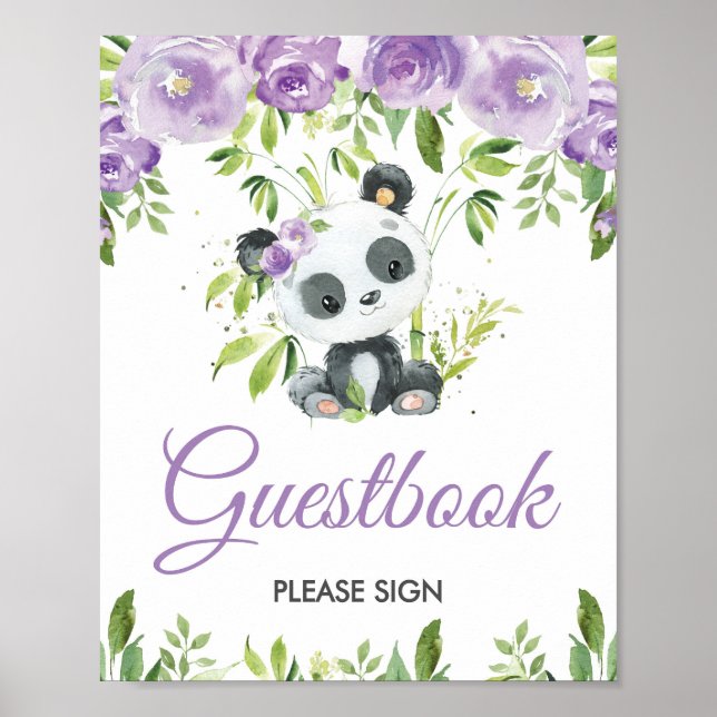 Poster Panda Purple Floral Greenery Bamboo Sinal Guestboo (Frente)