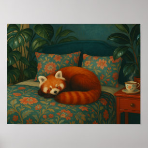 Poster Panda Vermelho Floral Aconchegante