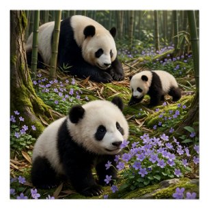 Pôster Pandas Fofos em Cena da Natureza da Floresta Verde