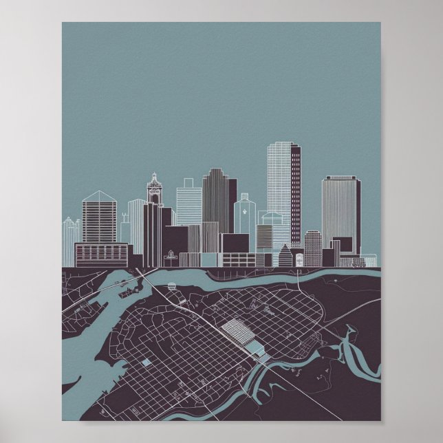 Poster Panorama da Cidade de Boston Massachusetts com Map (Frente)