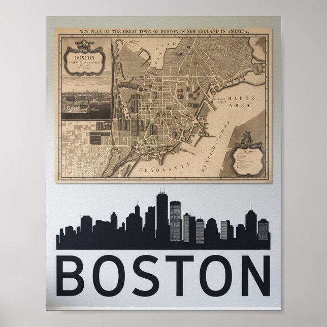 Poster Panorama da Cidade de Boston Massachusetts com Map (Frente)