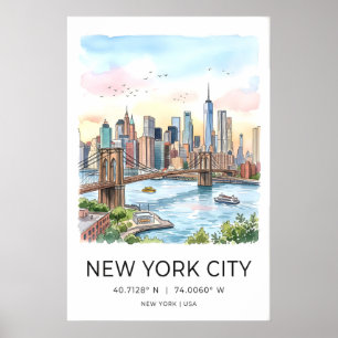 Poster Panorama da Cidade de Nova York - Aquarela com
