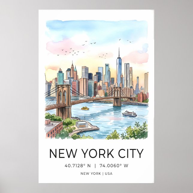 Poster Panorama da Cidade de Nova York - Aquarela com (Frente)