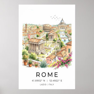 Poster Panorama da Vista Aérea de Roma com Coliseu e
