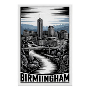 Pôster Panorama de Birmingham Alabama Preto e Branco Xilo