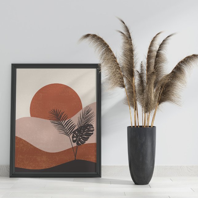Poster Panorama de Boho Abstrato (Boho Abstract Landscape Sunset Poster on the floor in black frame next to pampas grass)