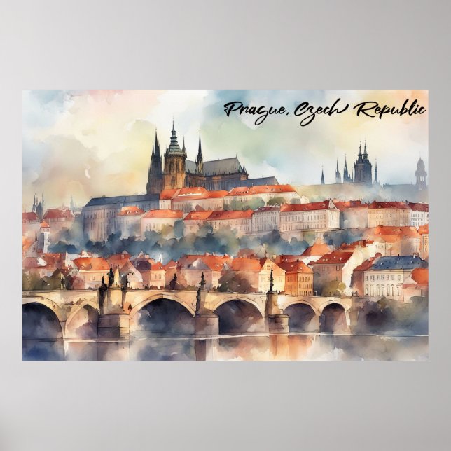 Poster Panorama de Praga República Tcheca em Aquarela (Frente)