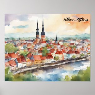 Poster Panorama de Tallinn Estônia Pintura em Aquarela 