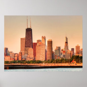 Pôster Panorama do horizonte de Chicago ao nascer do sol