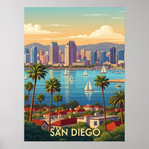 Poster Panorama Retrô da Costa de San Diego, Califórnia
