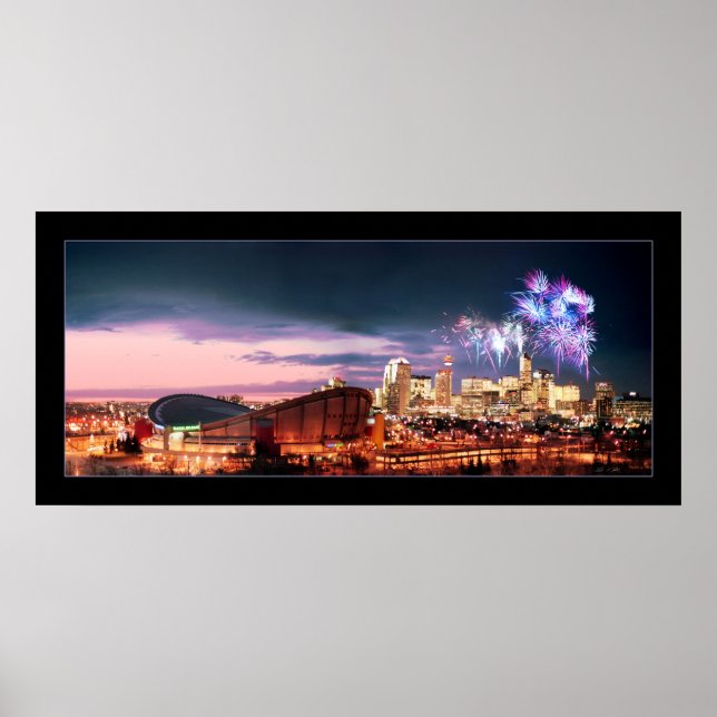 Pôster Panorâmica Calgary com Fireworks. (Frente)