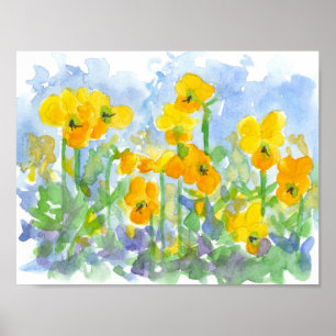 Pôster Panteras Amarelas Flores de Mola de Aquarela