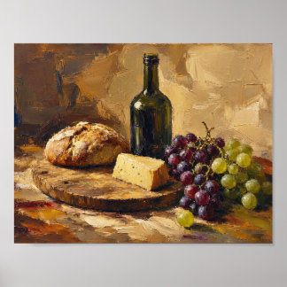 Poster Pão de Queijo Vinho Uvas Pintura arte abstrata