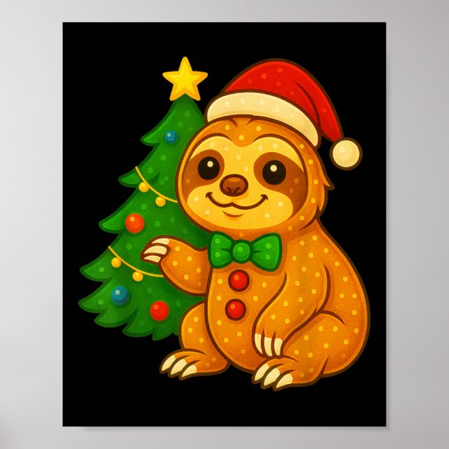 Poster Pão Gingerpão Sloth Santa Hat Árvore de Natal (Frente)