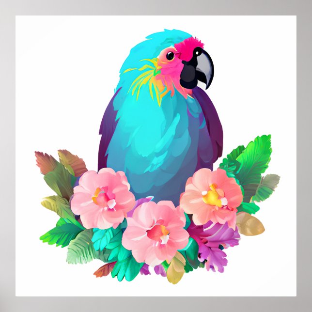 Poster Papagaio Azul Tropical com Flores Tropicais (Frente)