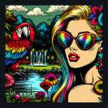 Poster Papagaio Bonito e Linda Mulher no Jardim<br><div class="desc">A arte da banda desenhada de pop com arte retrô é uma bela mulher em óculos escuros com um bonito papagaio colorido por ela. Ela está cercada pela natureza,  um lago e flores.</div>